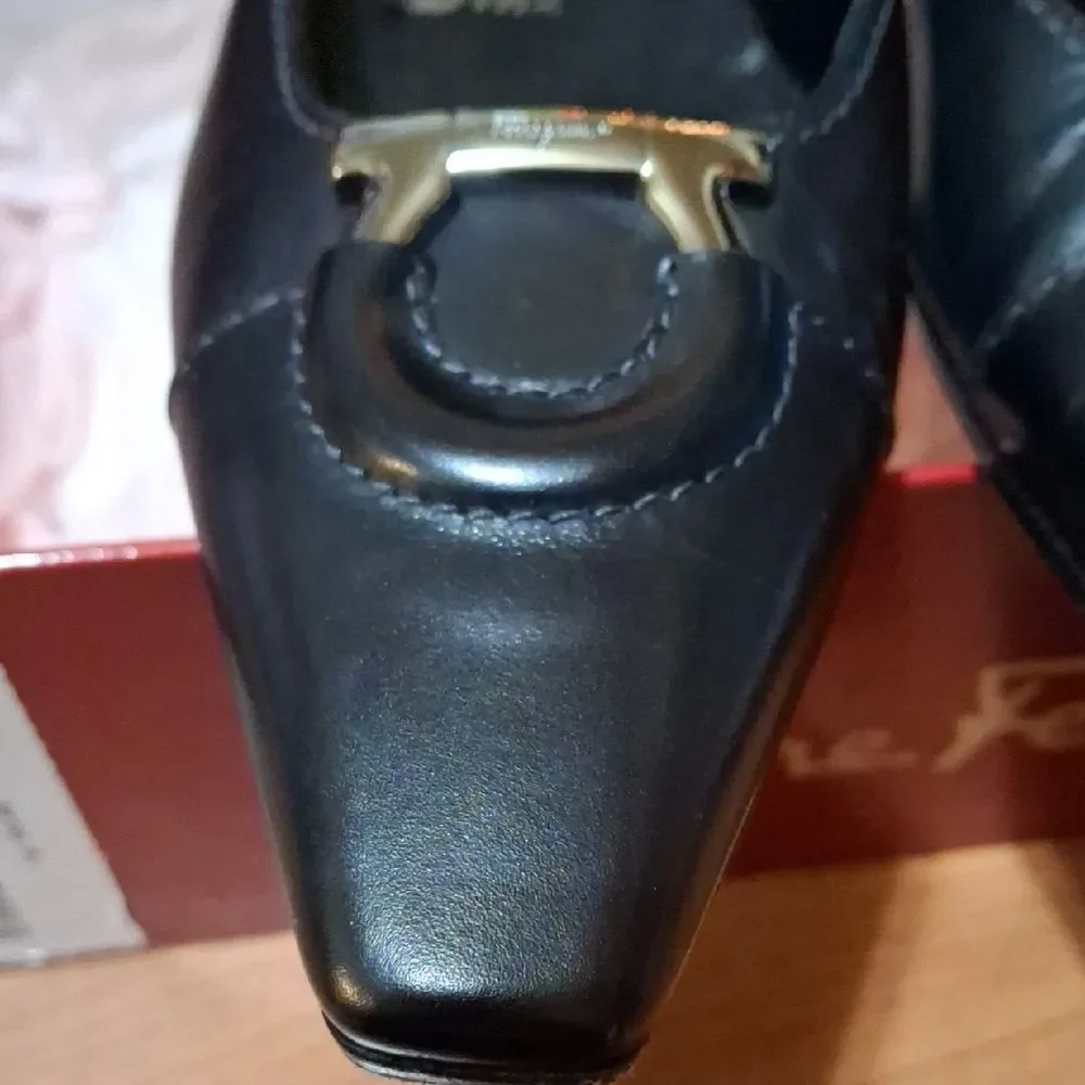 Salvatore Ferragamo Black Leather Heels with Gold Accent